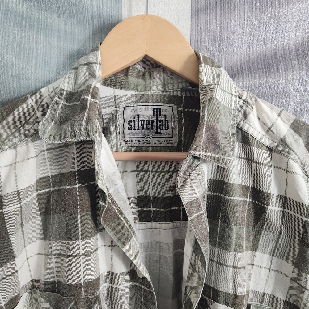 Vintage‎ 1996 Levis SilverTab Flannel Shirt Mens Medium Olive Green Plaid 90s